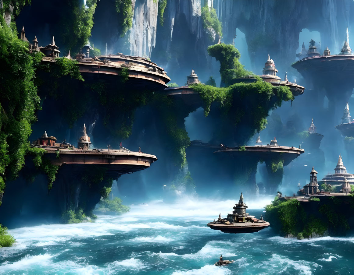 Fantasy landscape with floating islands, waterfalls, ornate buildings, lush greenery, and mist