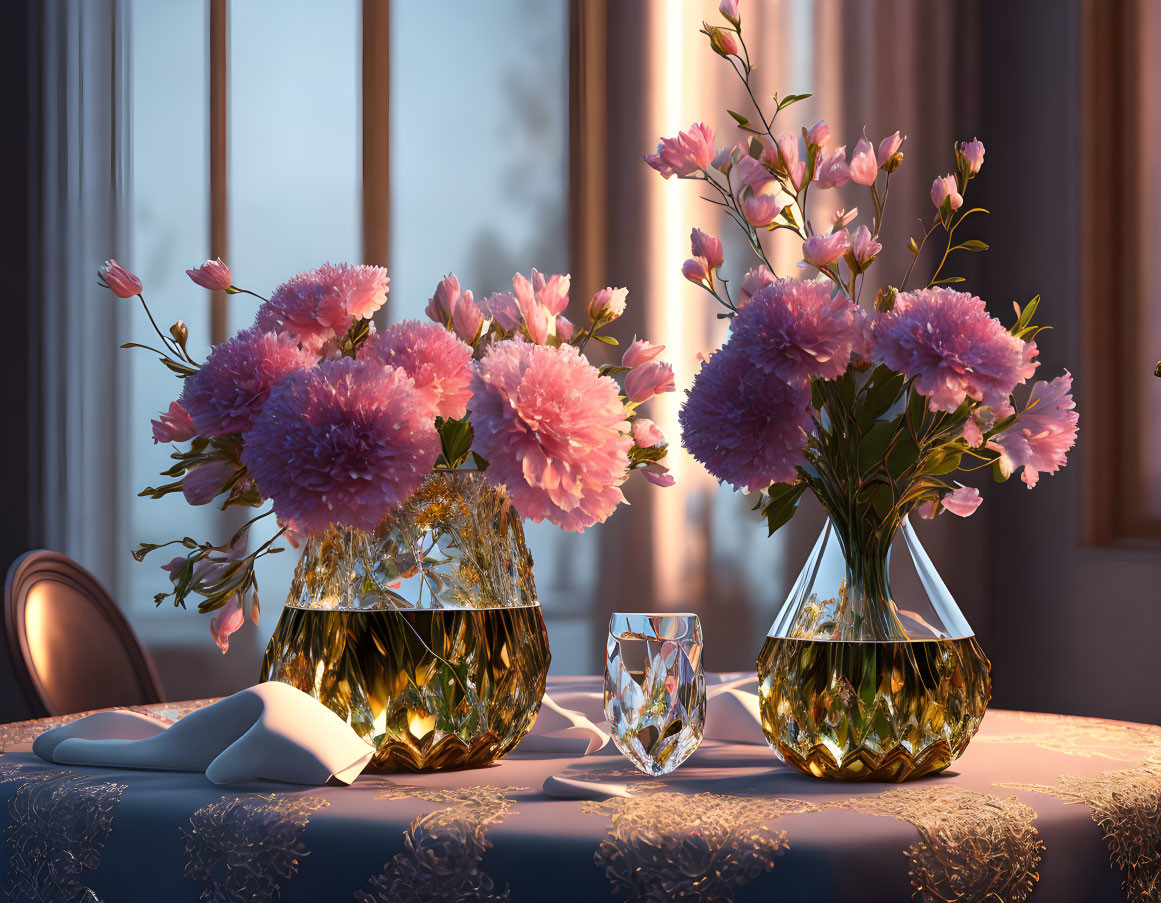 Elegant table setting with pink flowers, folded napkin, crystal glass