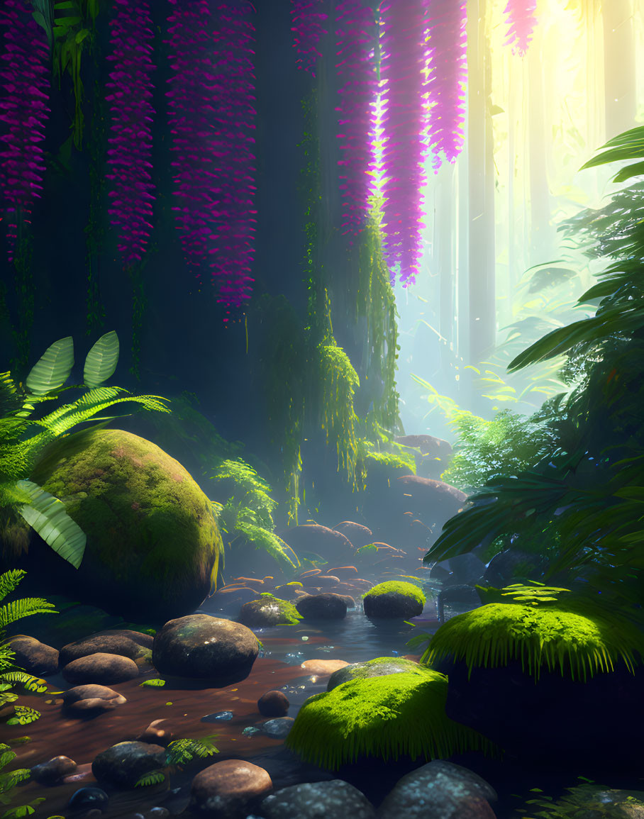 Lush Forest with Pink Flowers, Mossy Rocks, Ferns, and Sunlight Rays