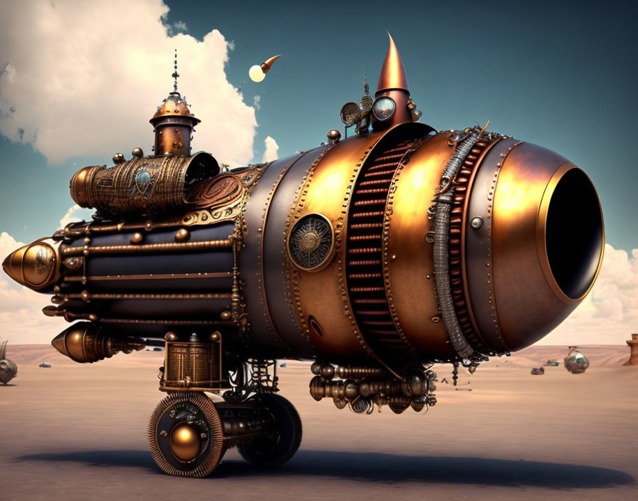 Steampunk-style airship digital artwork in desert setting