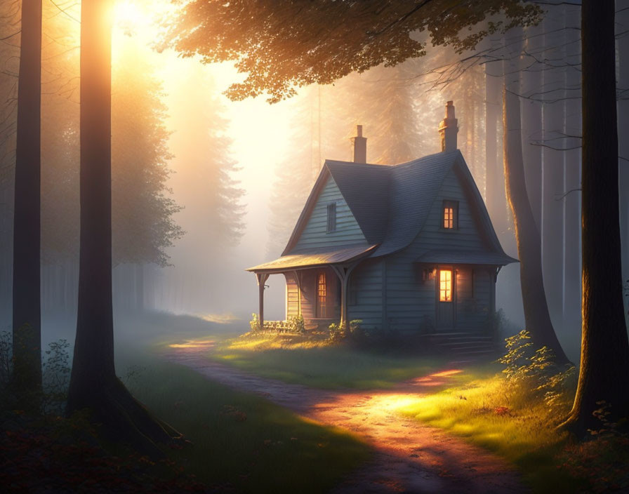 Cozy cottage in misty forest at sunrise, sunlight through trees illuminating path.