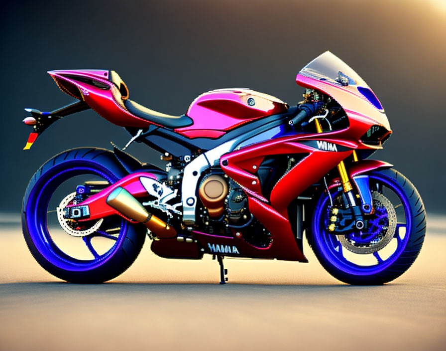 Vibrant sport motorcycle with red and pink body and Yamaha logos