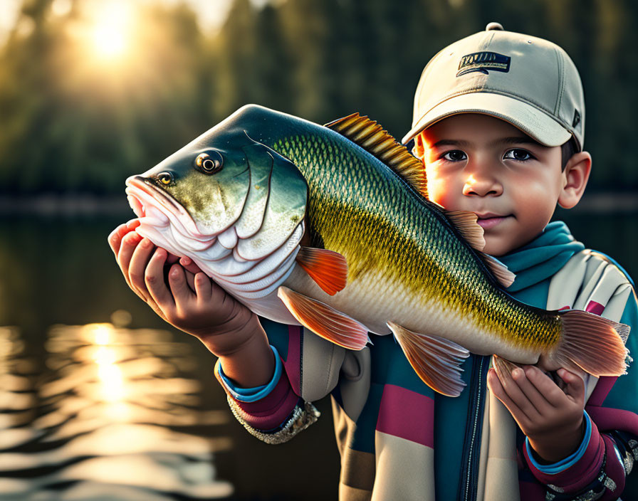 Child holding large fish at sunset by tranquil lake