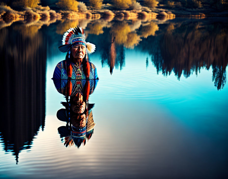 Native American in traditional attire by calm waters at dusk or dawn