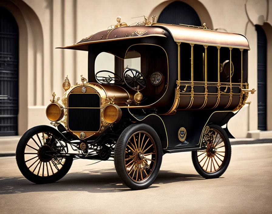 Vintage-style Black and Brass Car with Ornate Detailing and Spoked Wheels parked in front of Building