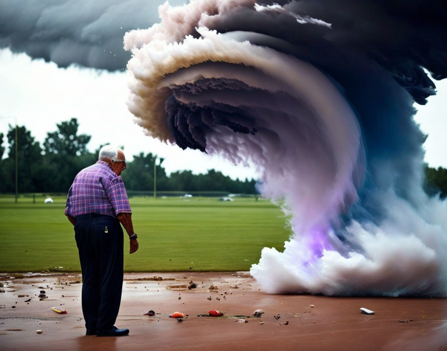 Elderly man on golf course observes surreal swirling cloud with purple lightning