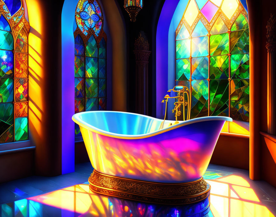Colorful Bathroom with White Clawfoot Tub & Stained-Glass Windows