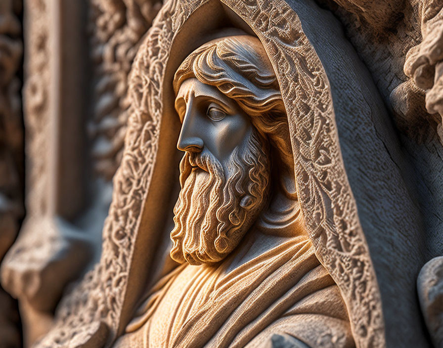 Detailed Stone Sculpture of Bearded Figure in Robes