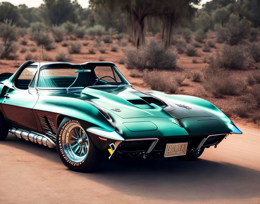 Vintage Teal Corvette with Chrome Accents in Desert Landscape