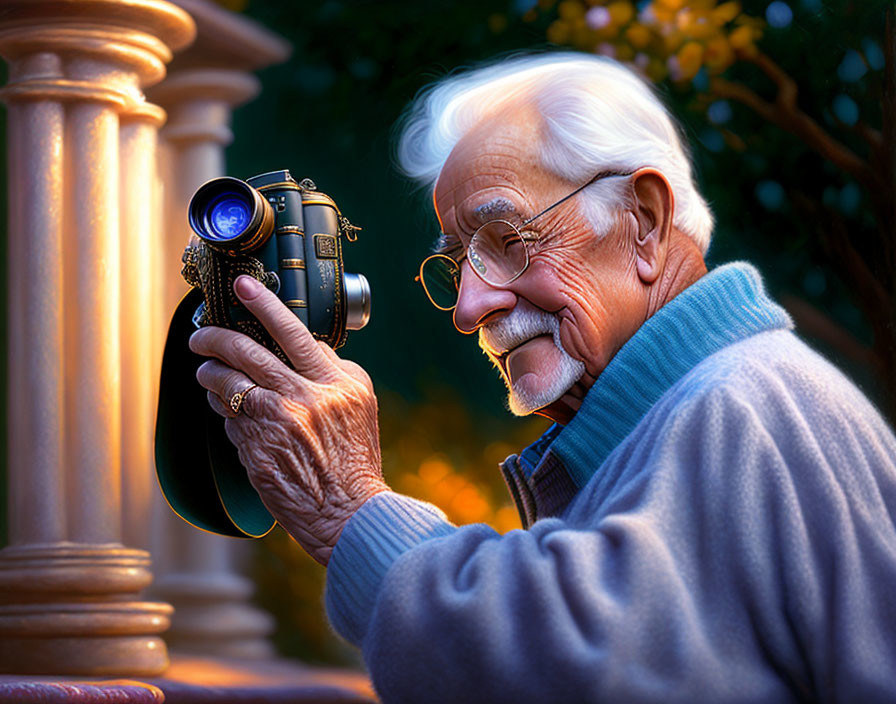 Elderly man with glasses smiling holding a camera in warm light
