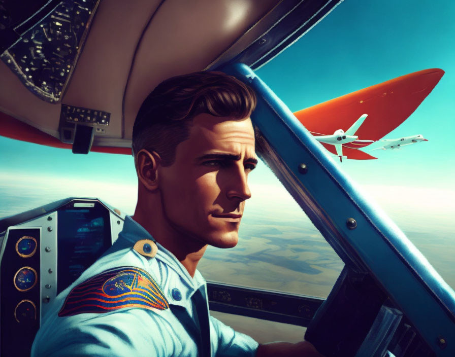 Pilot in cockpit with confident expression looking at plane in clear sky