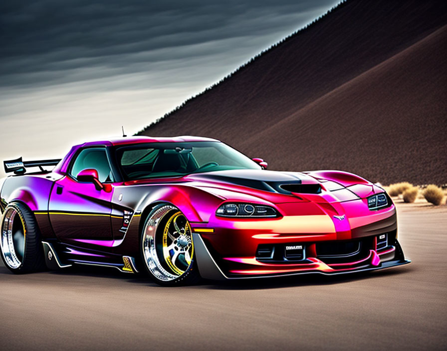 Purple to Red Gradient Painted Sports Car with Aerodynamic Body Kit and Custom Wheels in Desert Setting