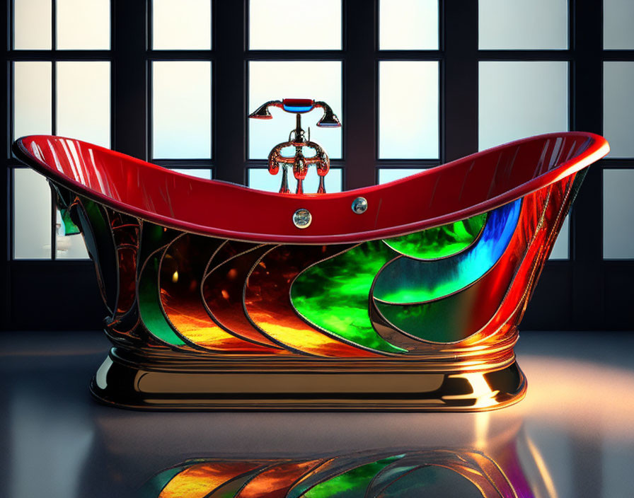 Luxurious Red Bathtub with Green Designs on Reflective Floor