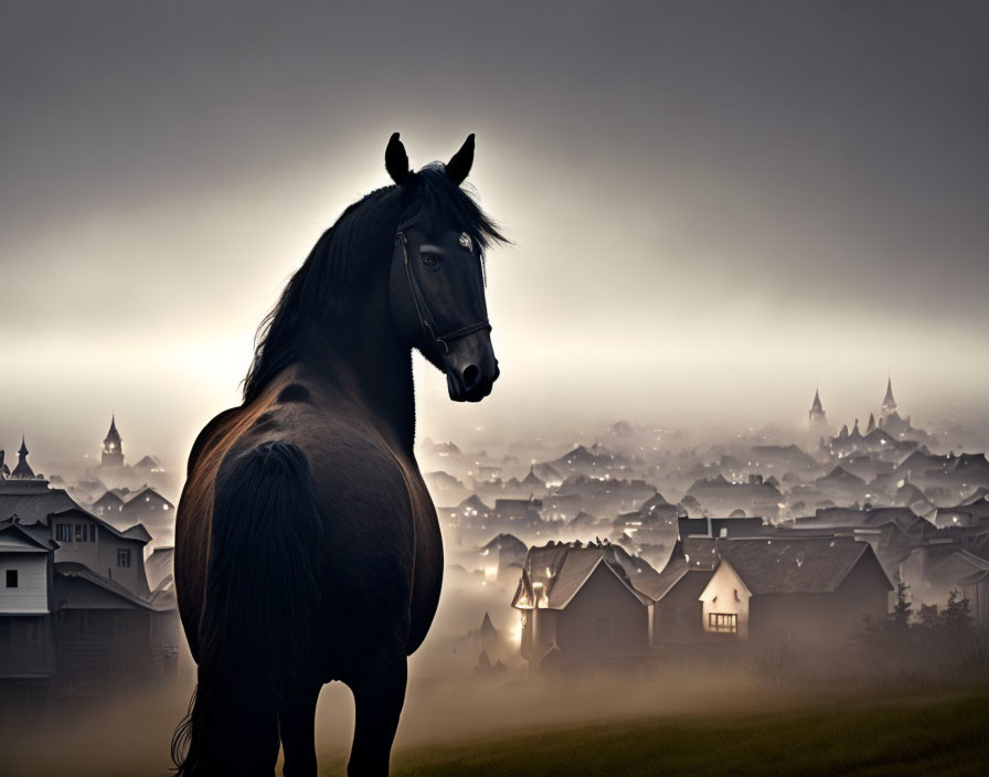 Black horse in misty suburban landscape with dim backlighting