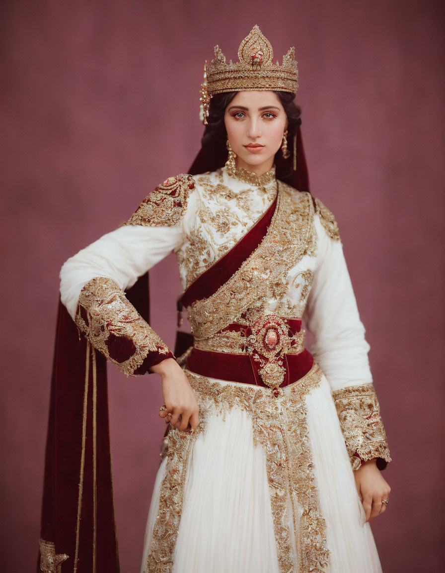 Regal woman in traditional attire with crown and velvet cloak on mauve backdrop