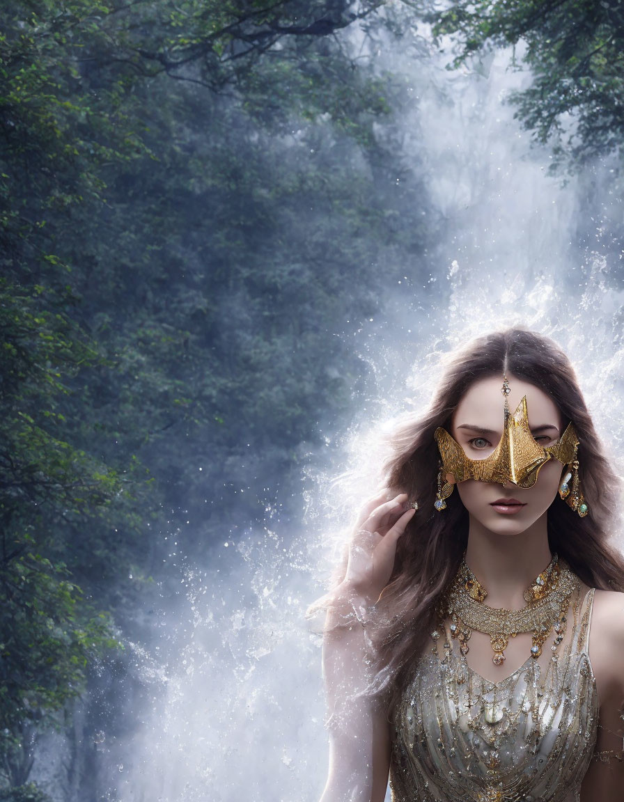 Woman in Golden Mask with Long Hair in Mystical Forest Setting
