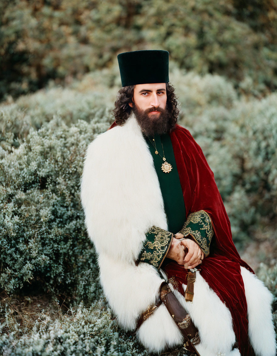 Traditional man in fur coat and tall hat sitting sternly among bushes