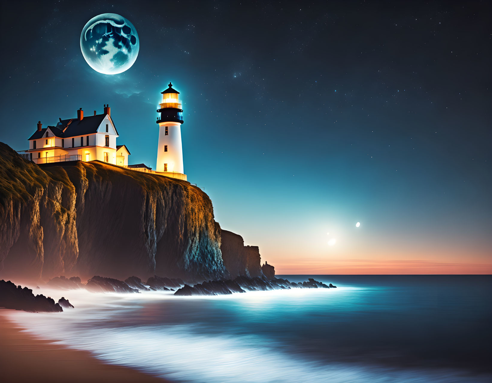 Lighthouse, night coast, cliffs, full moon