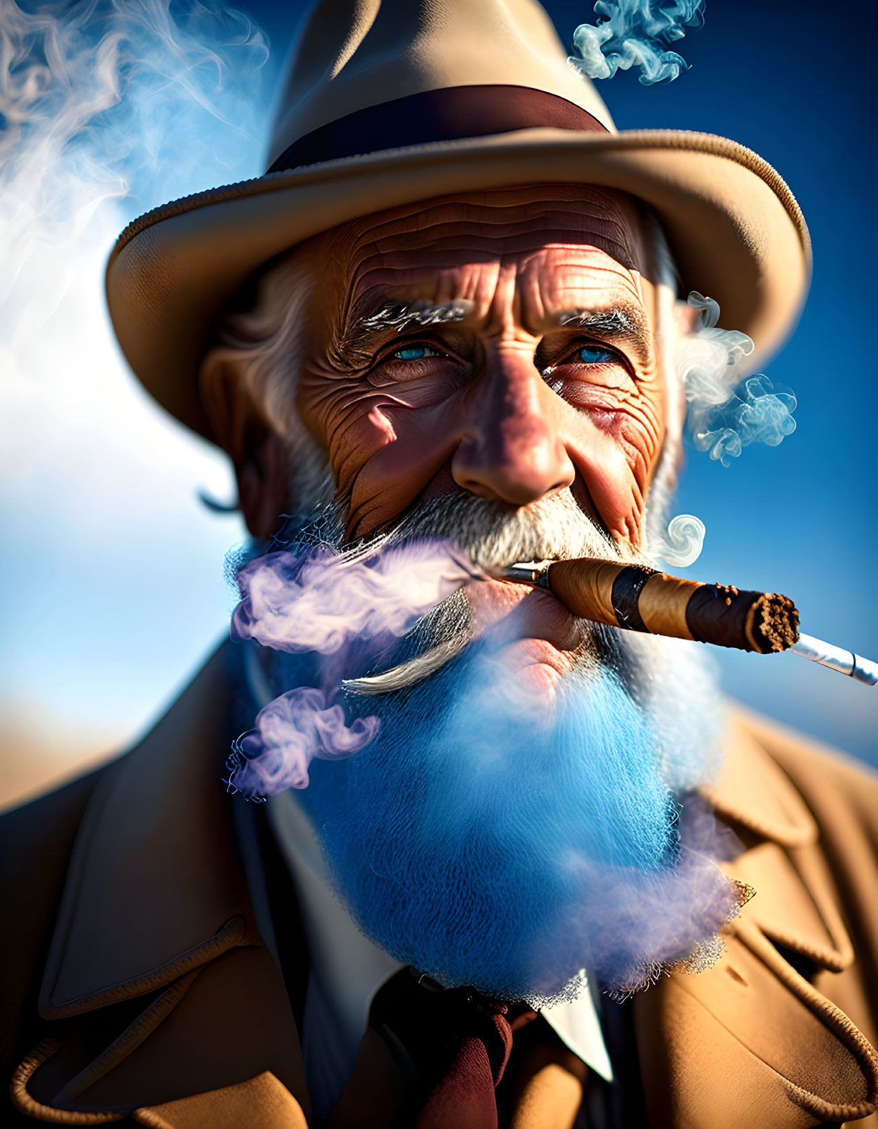 Old wrinkled man smoking cigar 