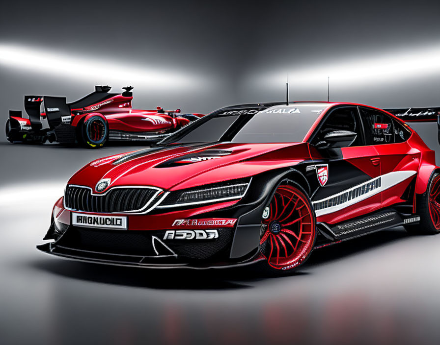 Sleek Red and Black Race Car with Sponsor Logos and Aggressive Aerodynamics
