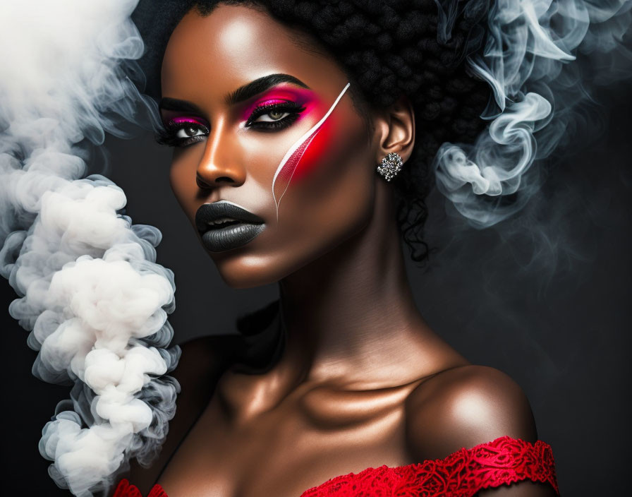 Woman with dramatic makeup and red slash in swirling smoke on dark background