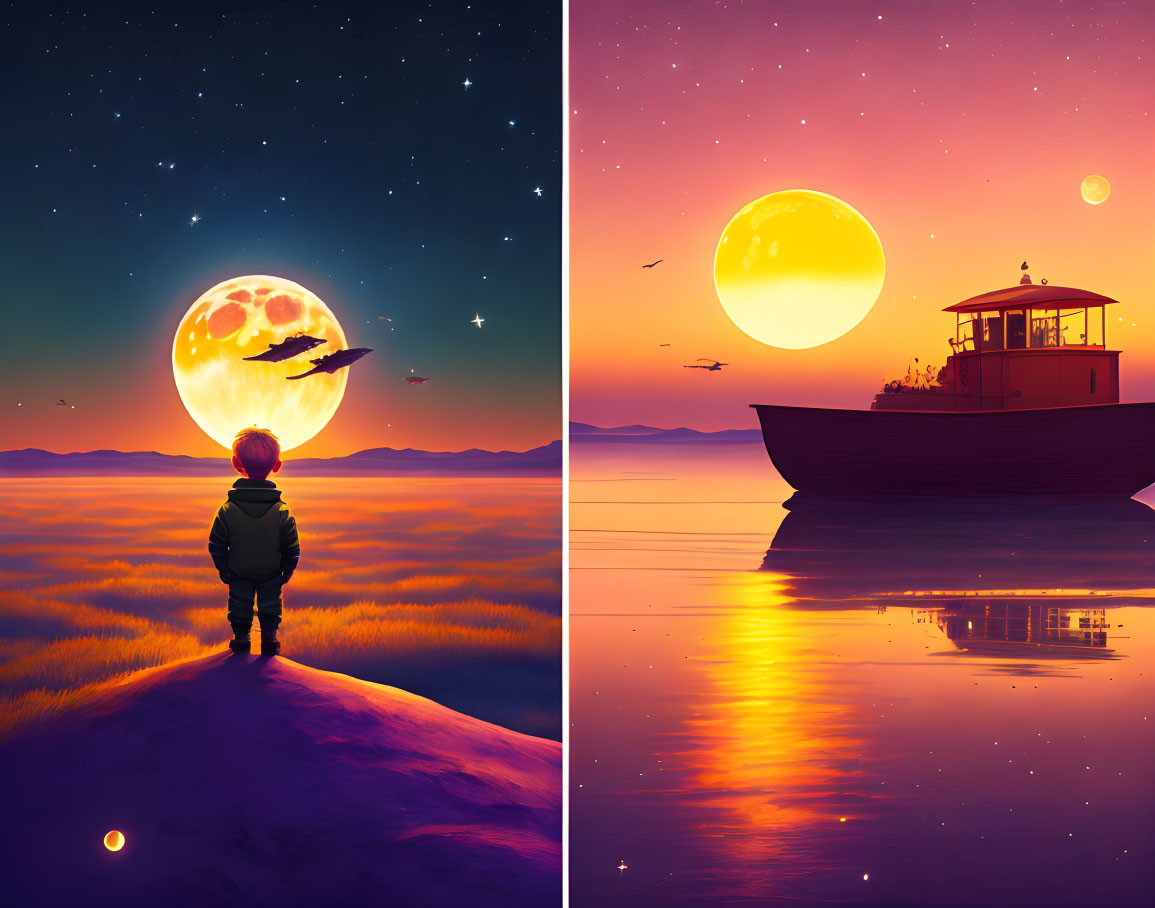 Child observing large moon and boat under setting sun in warm hues with flying birds