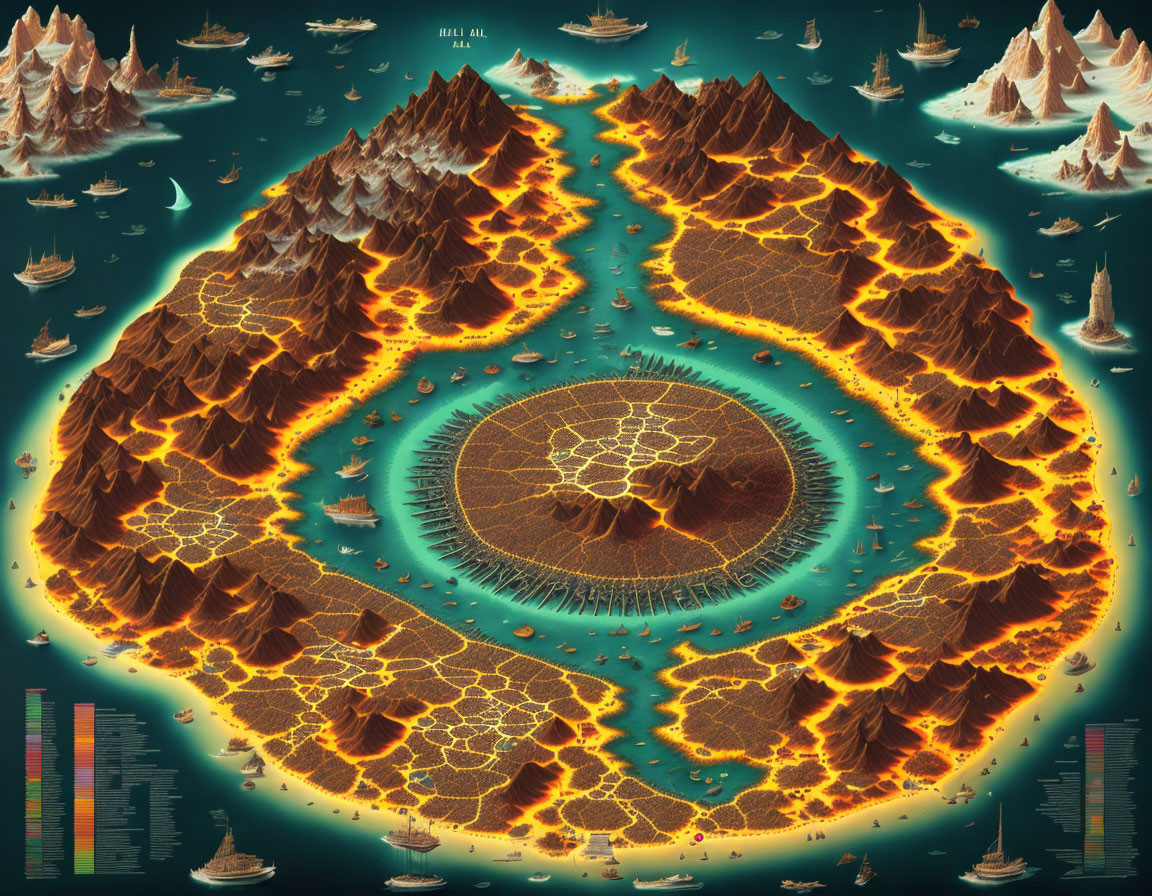 Stylized map of volcanic island with lava-filled crater and icy waters