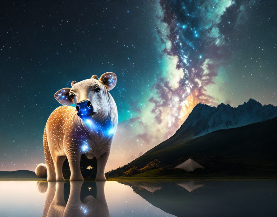 Surreal glowing translucent bear in cosmic landscape.