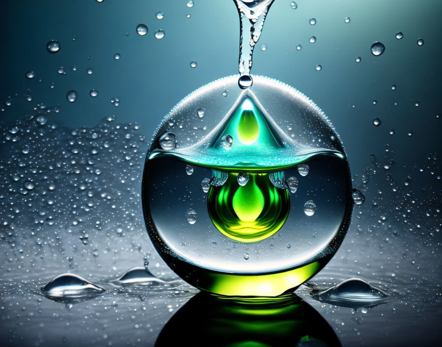 Crystal ball with water droplets and green bubble in water-themed setting