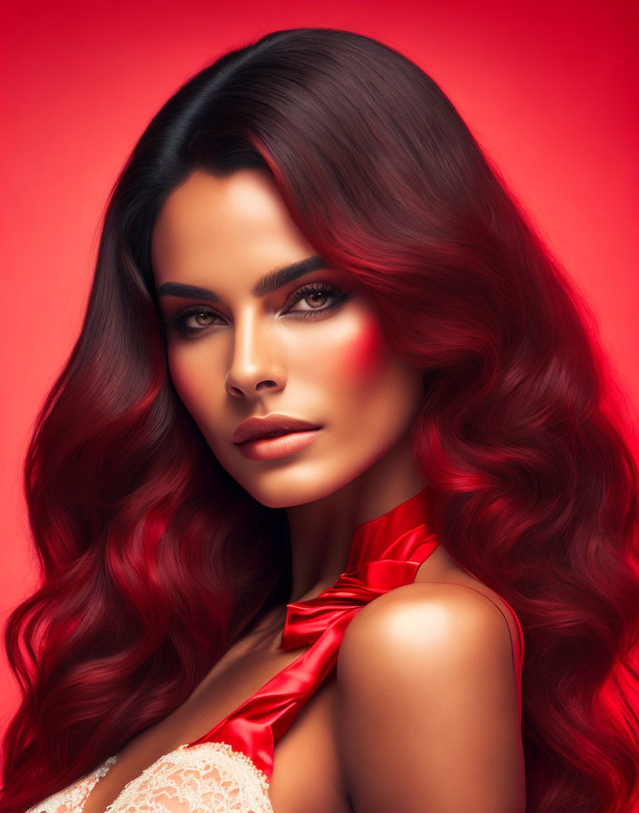 Red-haired woman with striking makeup on red background and glossy satin bow.