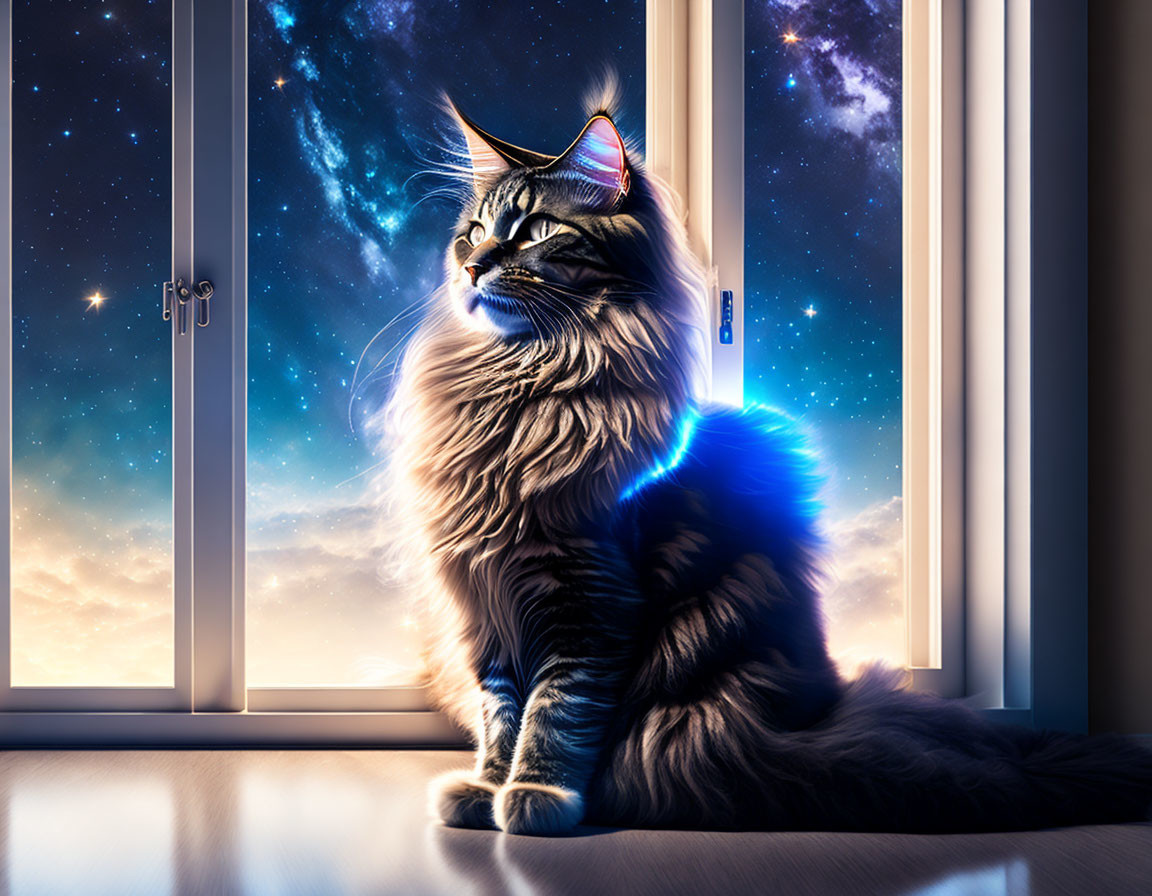 Majestic cat with glowing blue accents gazing at starry night sky
