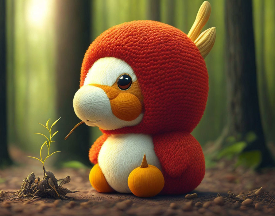 Fluffy orange-and-white creature plush toy in forest scenery