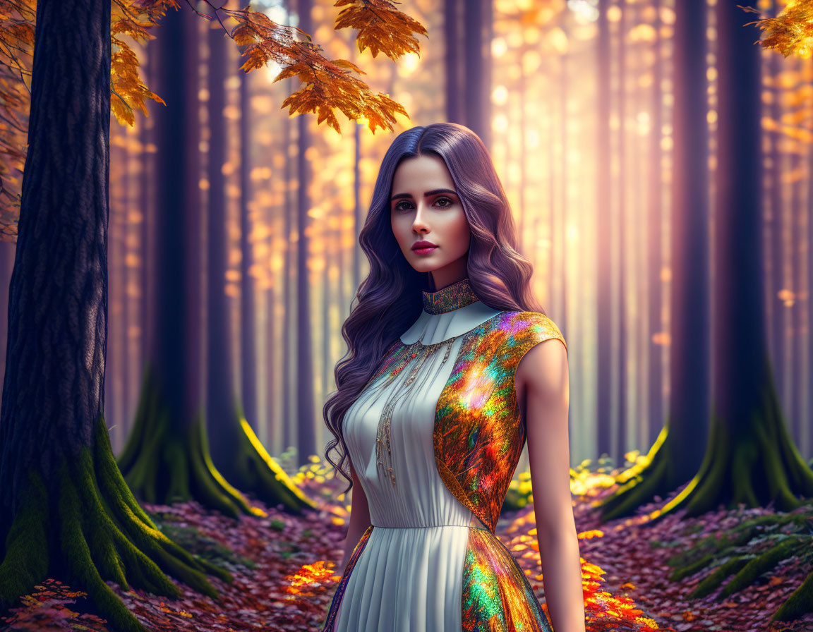 Woman in elegant dress in mystical autumn forest with golden sunlight.