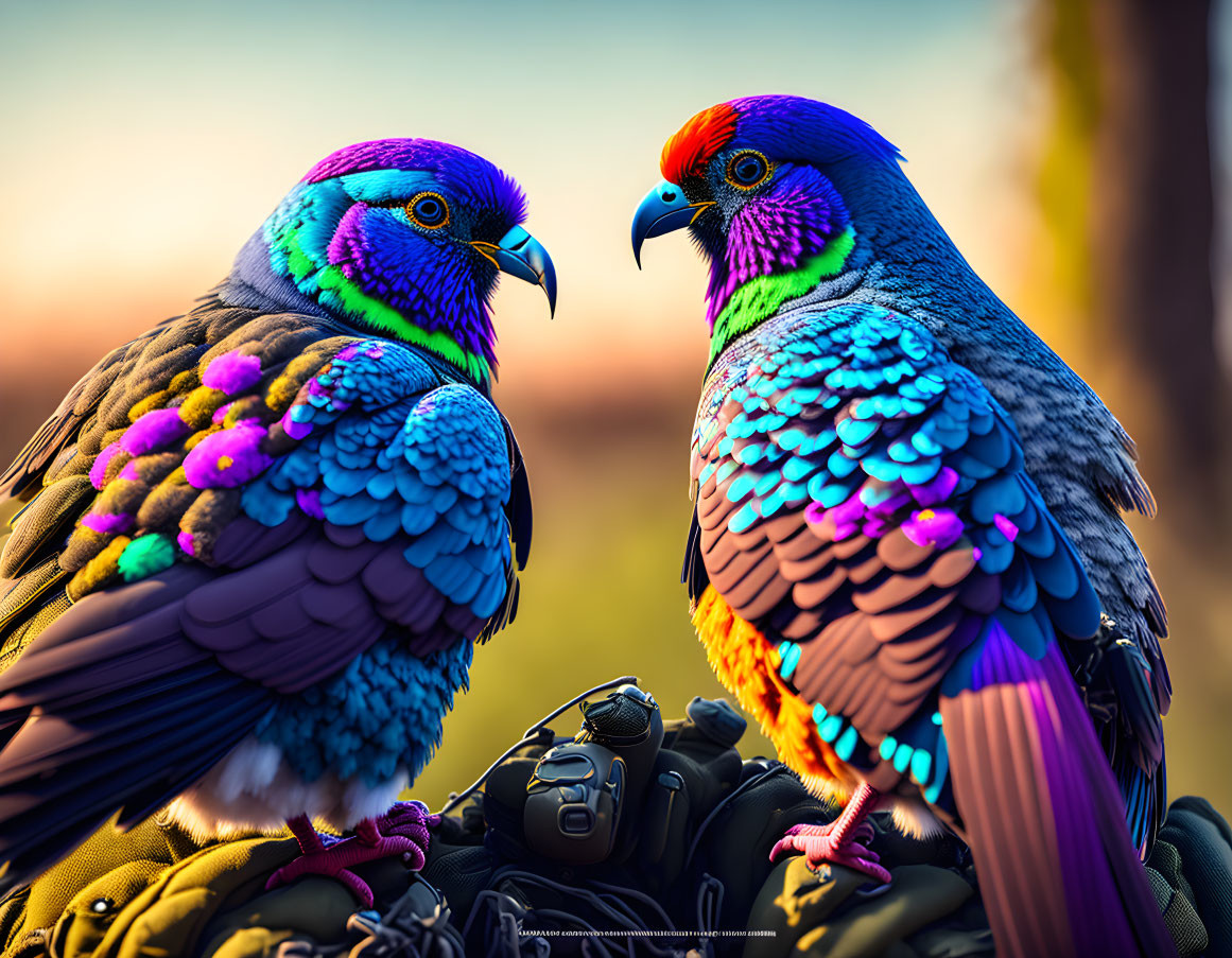 Colorful Parrots Perched on Camera at Sunset