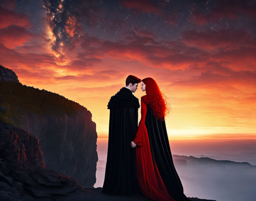Couple in Black and Red Capes Embrace on Cliff at Sunset