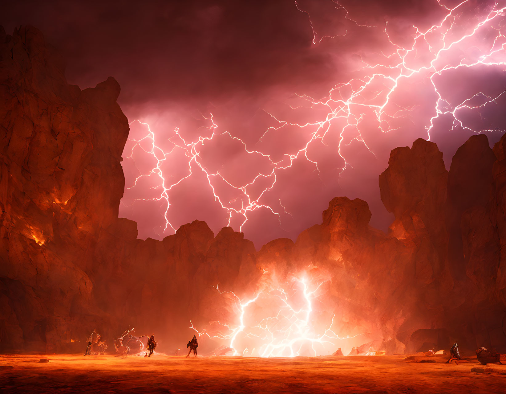 Stormy Canyon Landscape with Lightning Bolts and Silhouetted Figures
