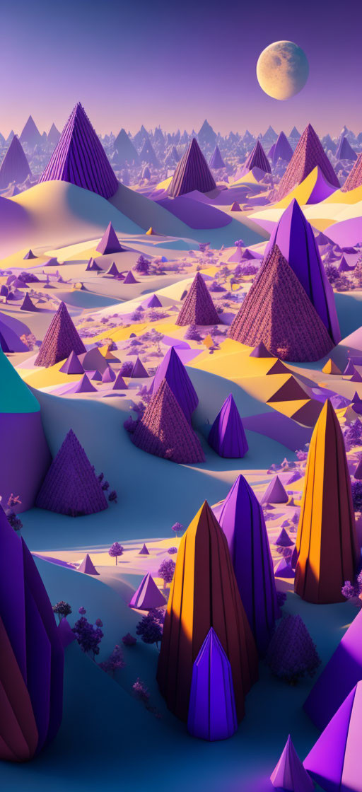 Colorful Stylized Pyramids in Surreal Landscape with Moon and Winding Road