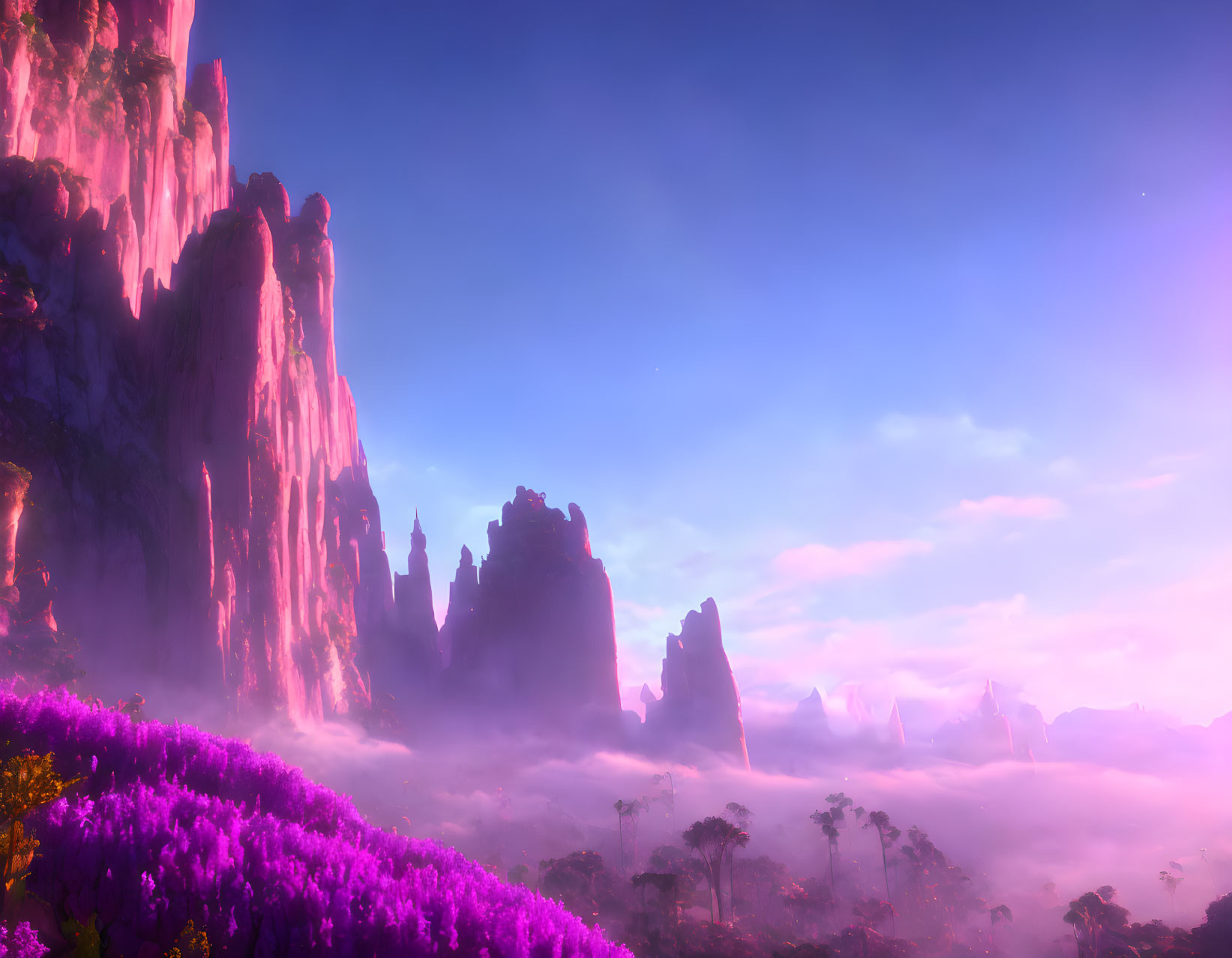 Majestic pink cliffs, purple flowers, and pastel sky in dreamy landscape