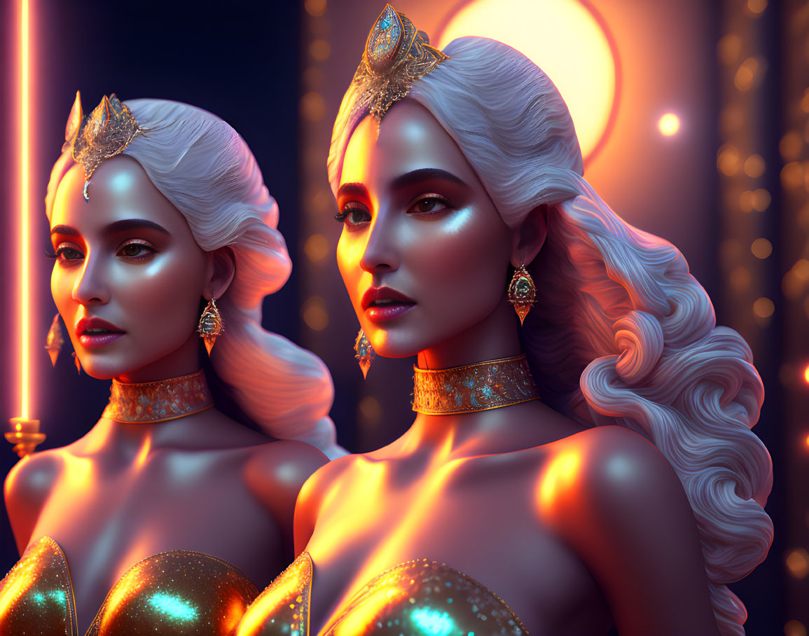 Identical Female Figures with Golden Headpieces on Warm Bokeh Background