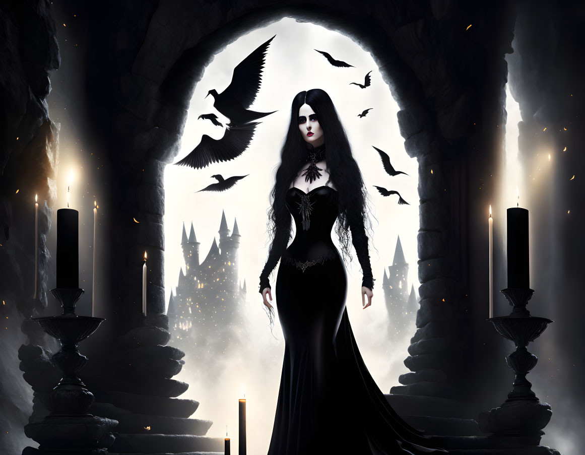 Gothic figure in black dress with bats and castle silhouette.
