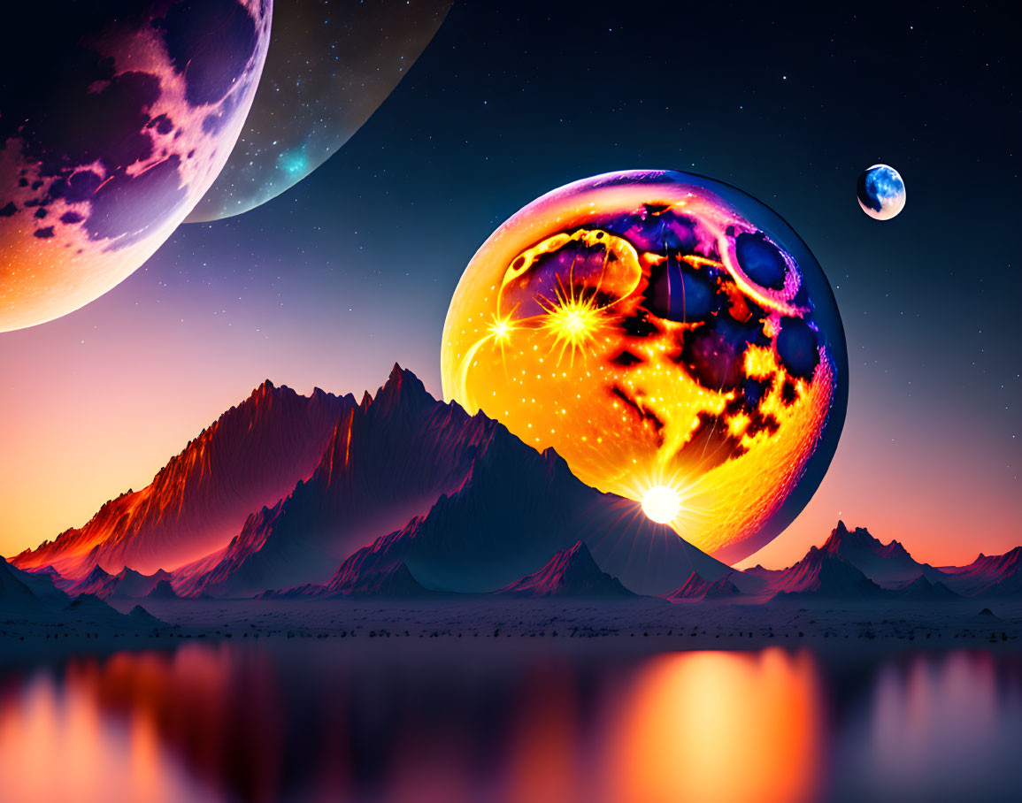 Surreal landscape with mountain range, reflective water, and oversized planets