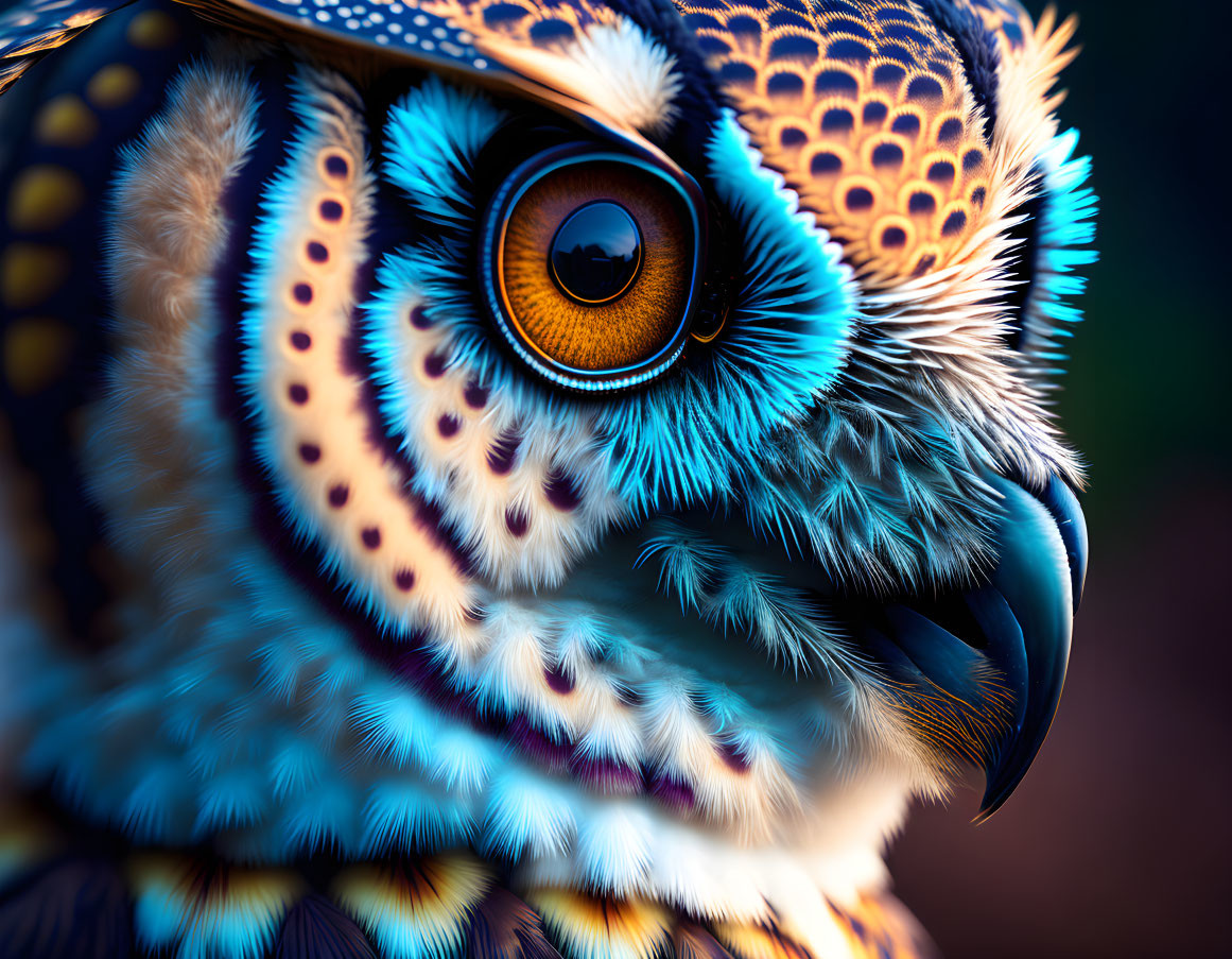Colorful owl with intricate feather patterns and captivating amber eye.