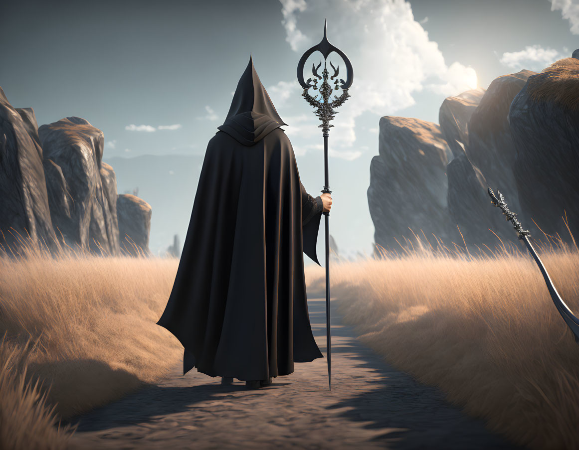 Cloaked figure with ornate staff in grass field with rocky outcrops and blue sky
