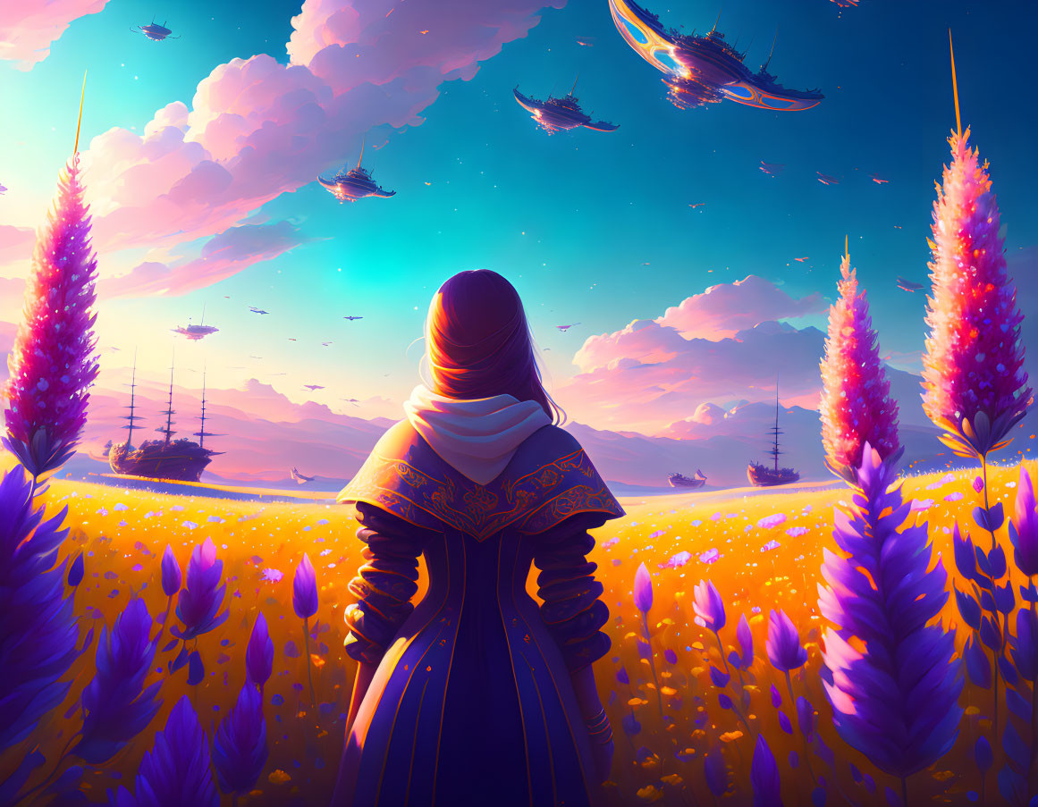 Person standing in vibrant flower field under surreal sky with floating ships and vivid sunset.