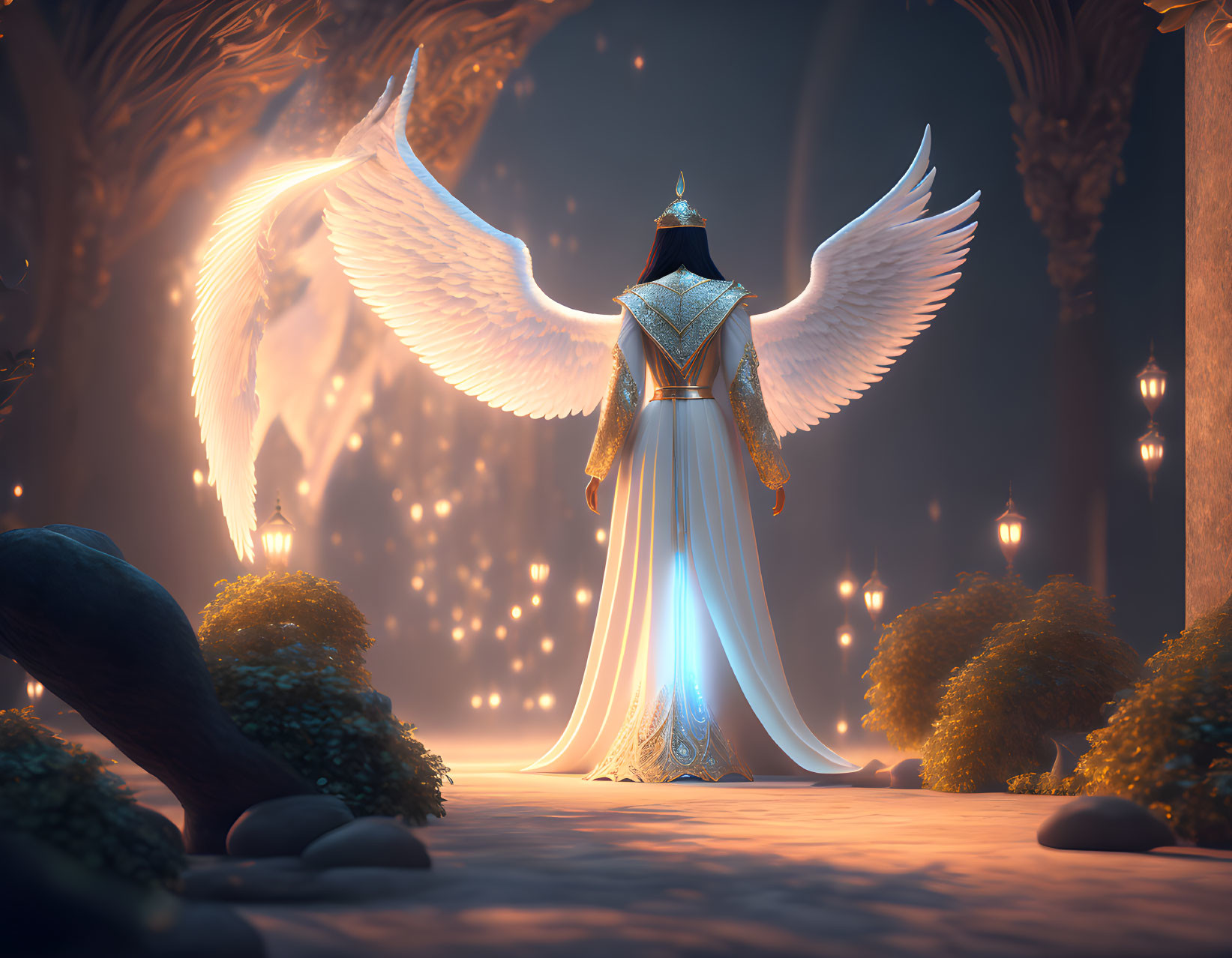Majestic winged figure in ornate armor in mystical, candle-lit setting
