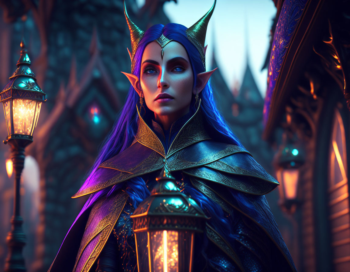 Elven character with blue eyes and pointed ears in ornate armor in twilight-lit fantasy setting