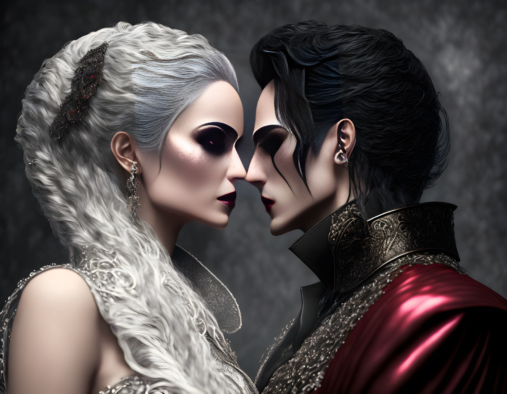 Elaborately styled characters with pale skin in white and red attire gaze intently against dark background