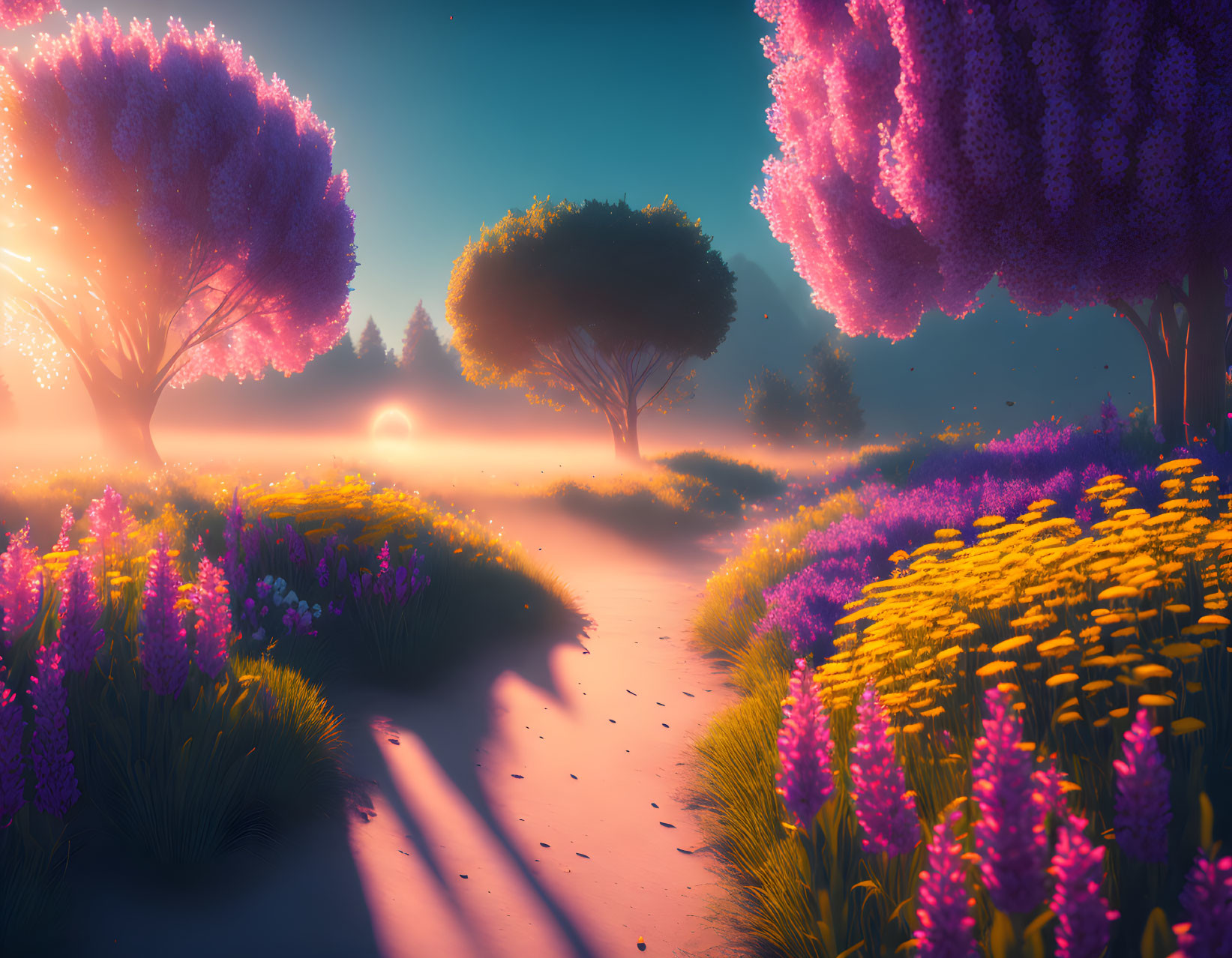 Vibrant purple trees in dreamy sunset landscape with whimsical path
