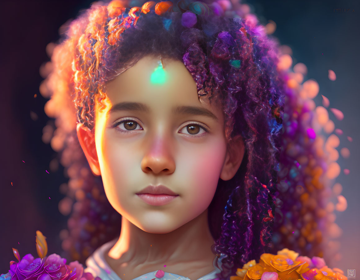 Colorful Flowers Adorn Young Girl's Curly Hair in Digital Portrait