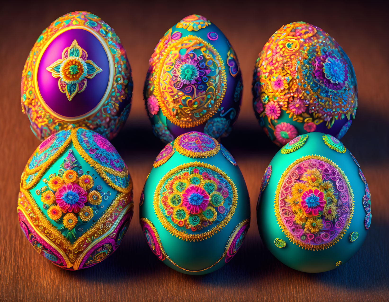 Six intricately patterned and colorful decorated eggs on wooden surface